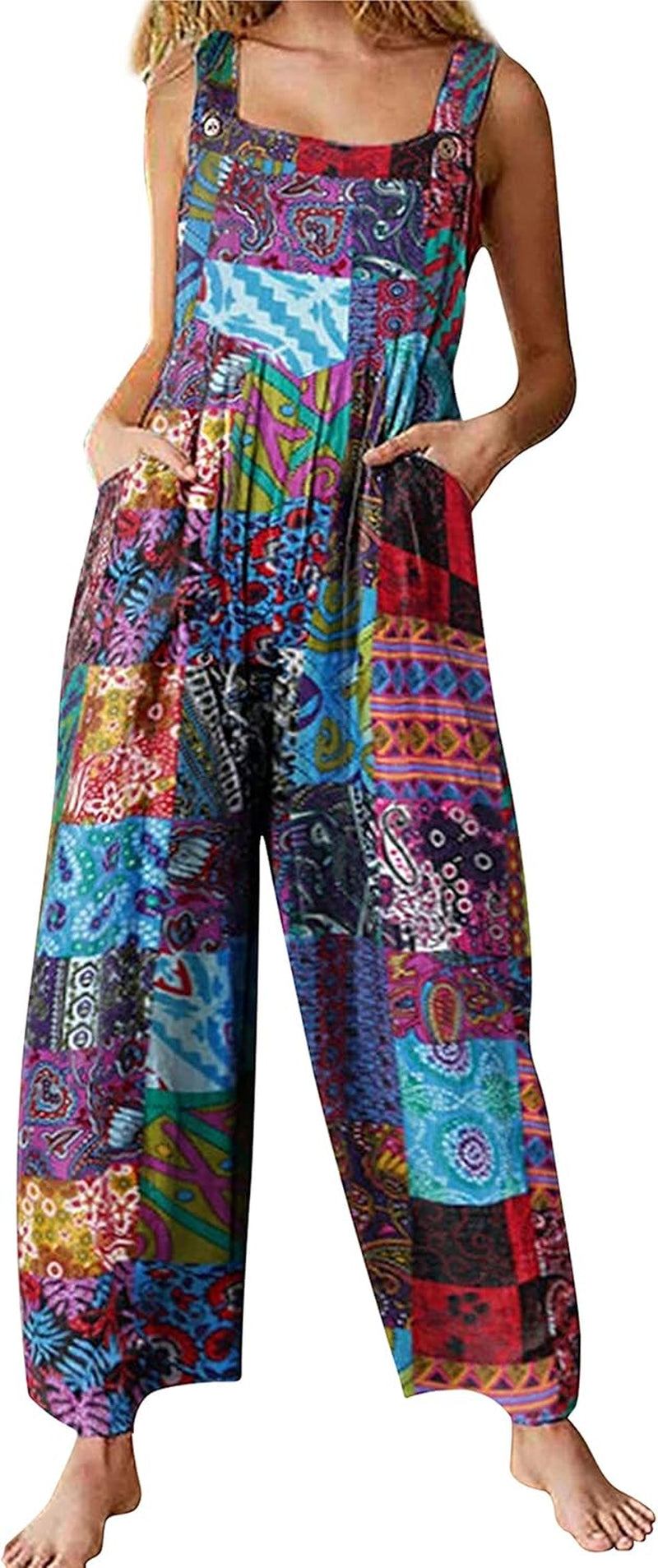 Women'S Patchwork Dual Pocket Jumpsuit Loose Floral Print Bohemian Wide Leg Bib Overall